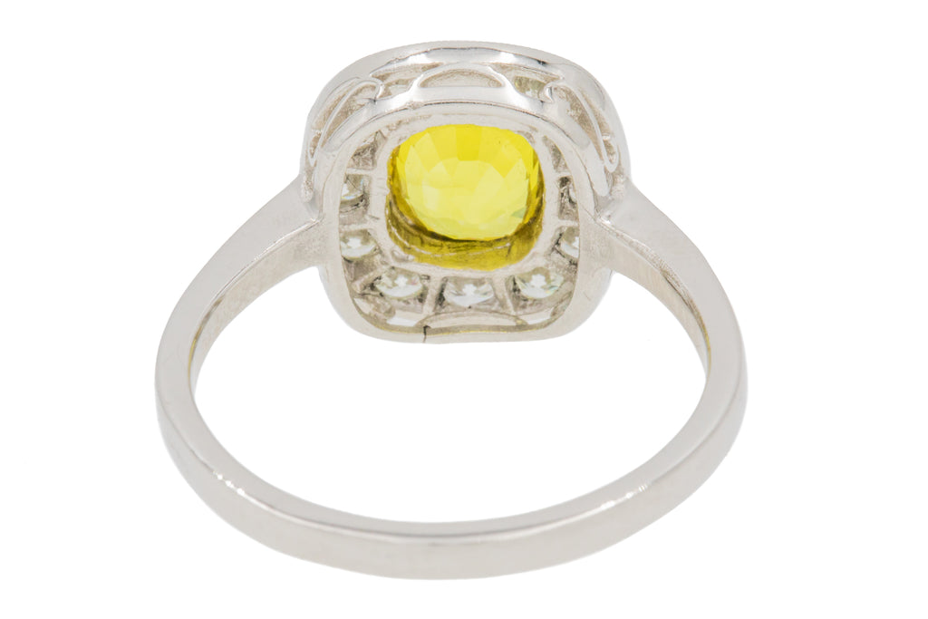 Edwardian Style Platinum Yellow Sapphire Diamond Cluster Ring - 1.25ct Sapphire