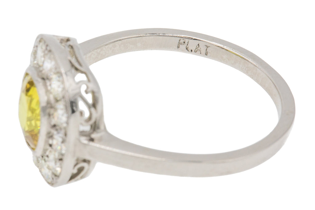 Edwardian Style Platinum Yellow Sapphire Diamond Cluster Ring - 1.25ct Sapphire