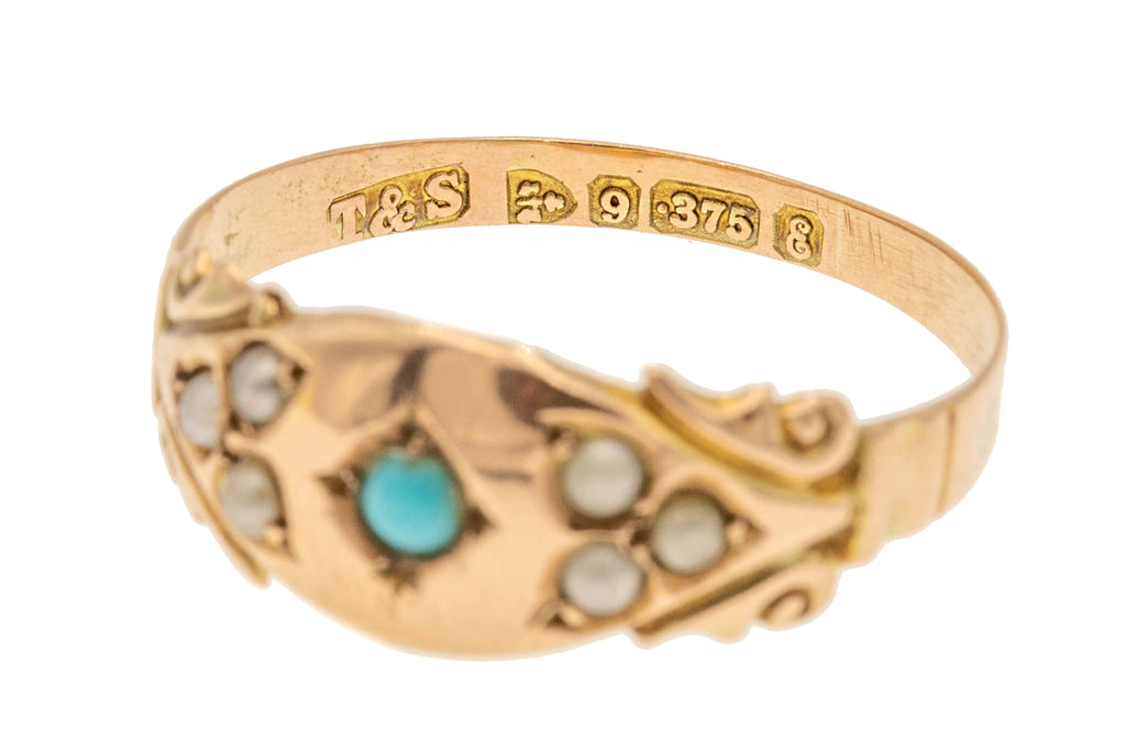 Edwardian 9ct Gold Turquoise Pearl Ring
