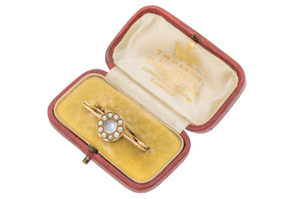Antique 14ct Gold Moonstone Cabochon Pearl Cluster Brooch (0.60ct), with Fitted Box