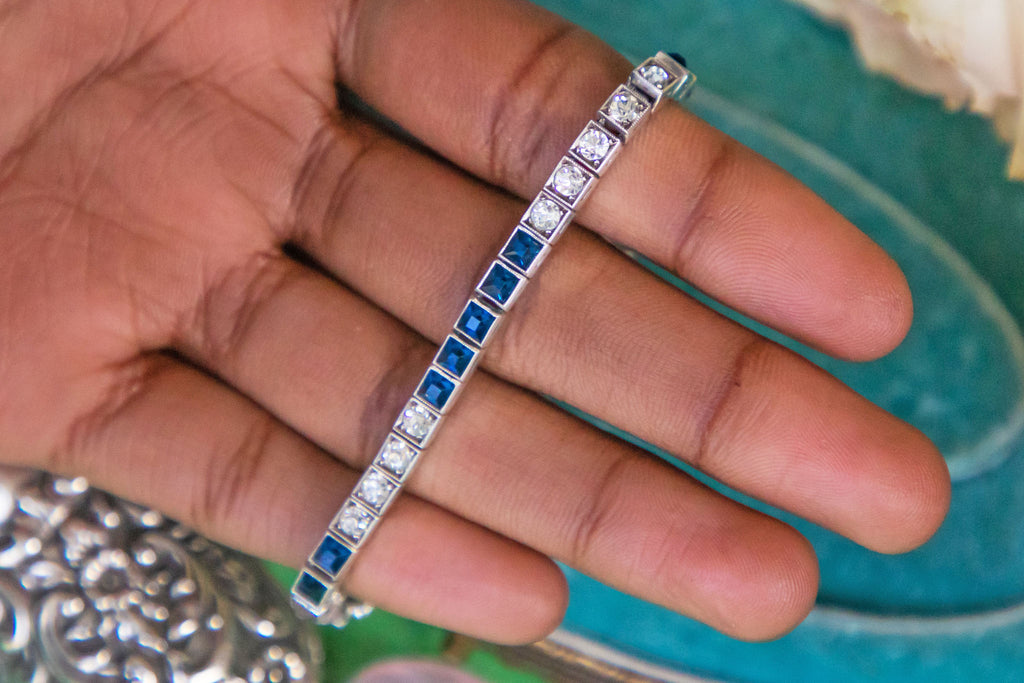 Silver Sapphire & Diamond Paste Tennis Bracelet, 7"