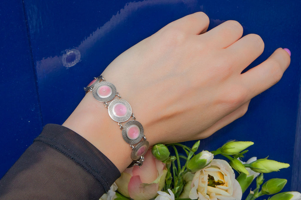Antique Silver Pink Enamel Bracelet