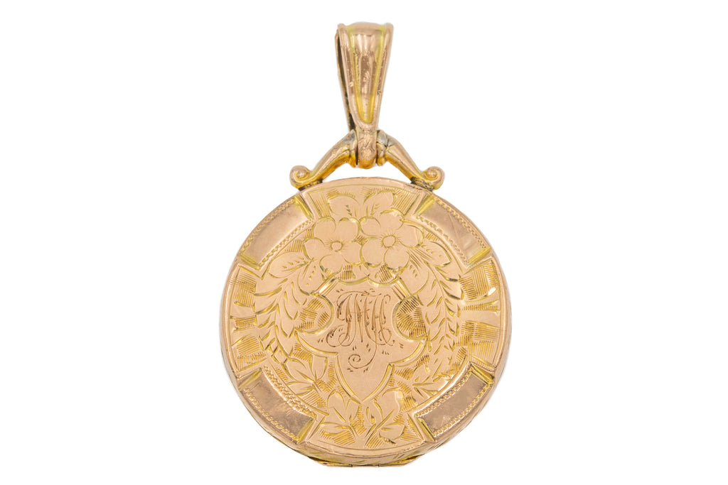 Edwardian 9ct Gold Engraved Round Locket, "JMH"