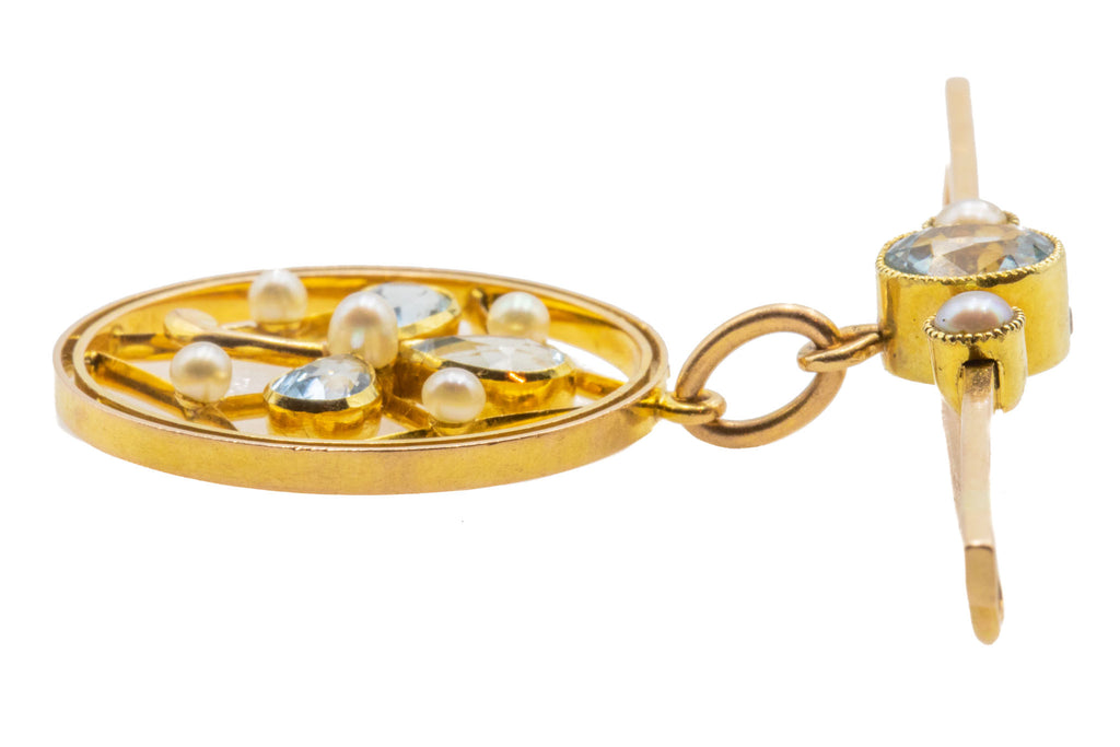 Edwardian 15ct Gold Pearl Aquamarine Clover Bar Brooch - 1.50ct Aqua
