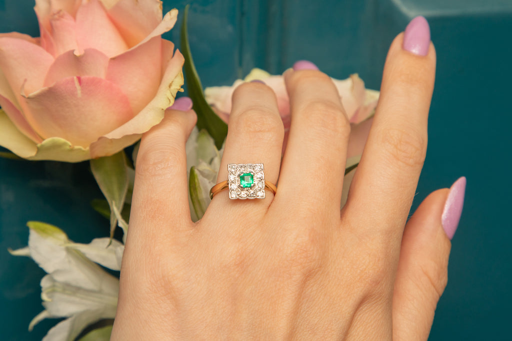 Art Deco 18ct Gold Emerald Diamond Cluster Ring, 0.40ct Emerald