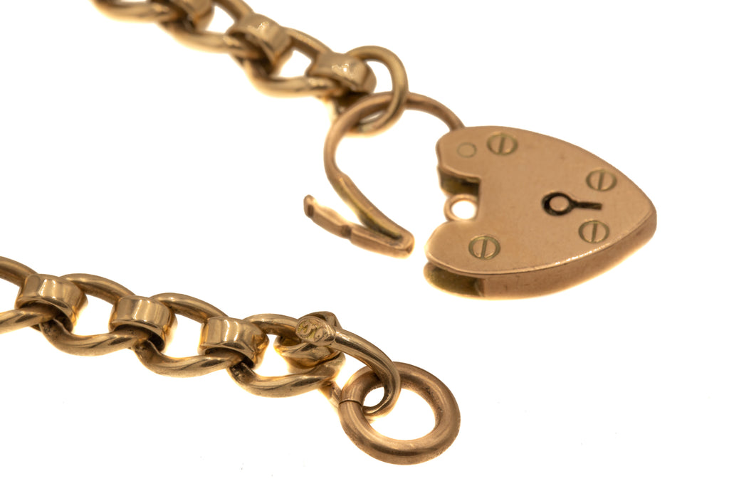 8" Antique 9ct Gold Heart Padlock Bracelet, 16.1g