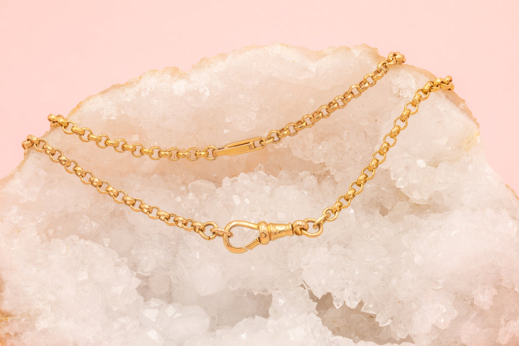 52" Antique Gold-Filled Faceted Belcher Link Longuard Chain & Dog Clip, 24.8g