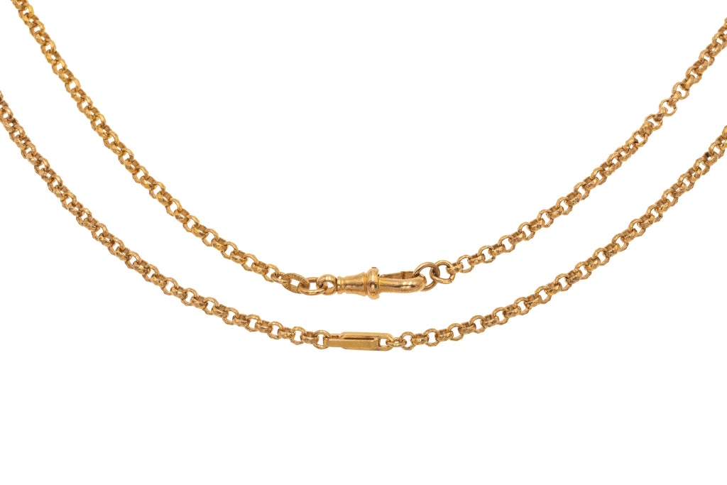 52" Antique Gold-Filled Faceted Belcher Link Longuard Chain & Dog Clip, 24.8g