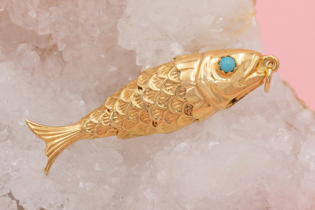 Italian 9ct Gold Turquoise Articulated Fish Pendant
