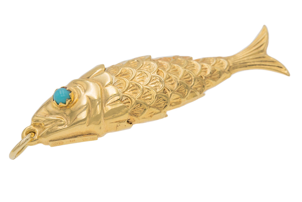 Italian 9ct Gold Turquoise Articulated Fish Pendant