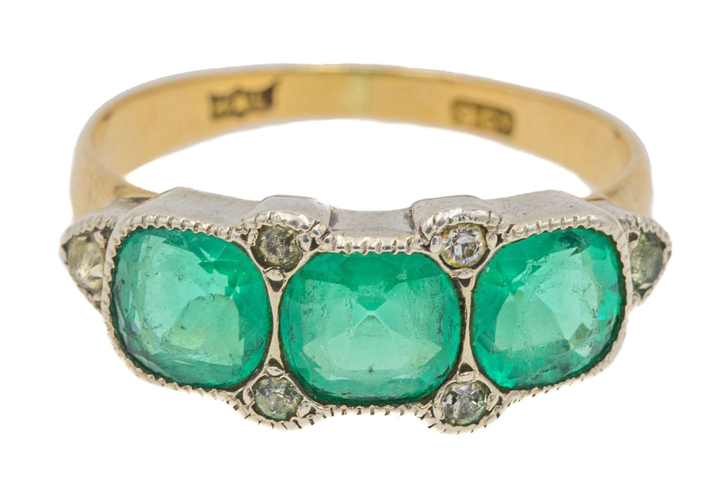 Antique 9ct Gold Emerald Paste Trilogy Ring