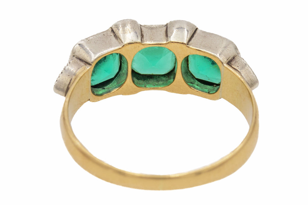 Antique 9ct Gold Emerald Paste Trilogy Ring