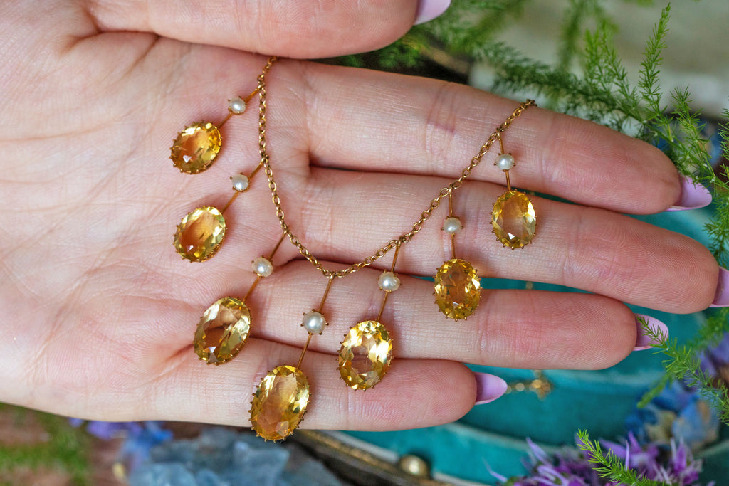 15.5" Edwardian 9ct Gold Citrine & Pearl Drop Necklace - 18.00ct Citrine