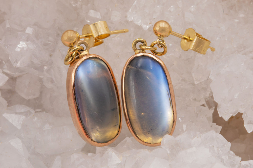 Antique 9ct Gold Moonstone Drop Earrings, 4.86ct