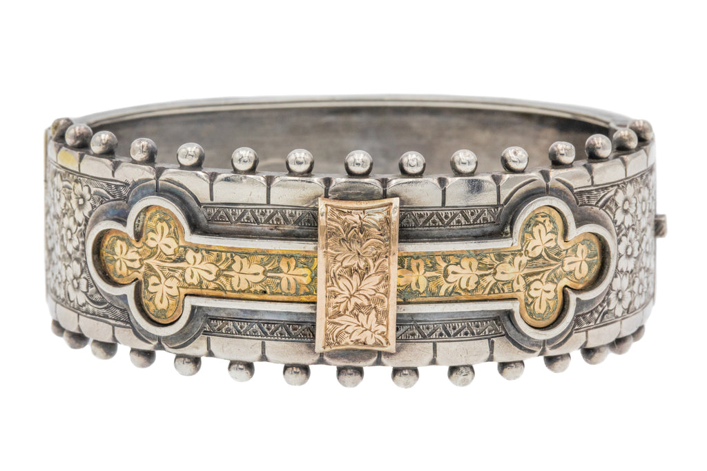 Victorian Aesthetic Sterling Silver & 9ct Gold Bangle