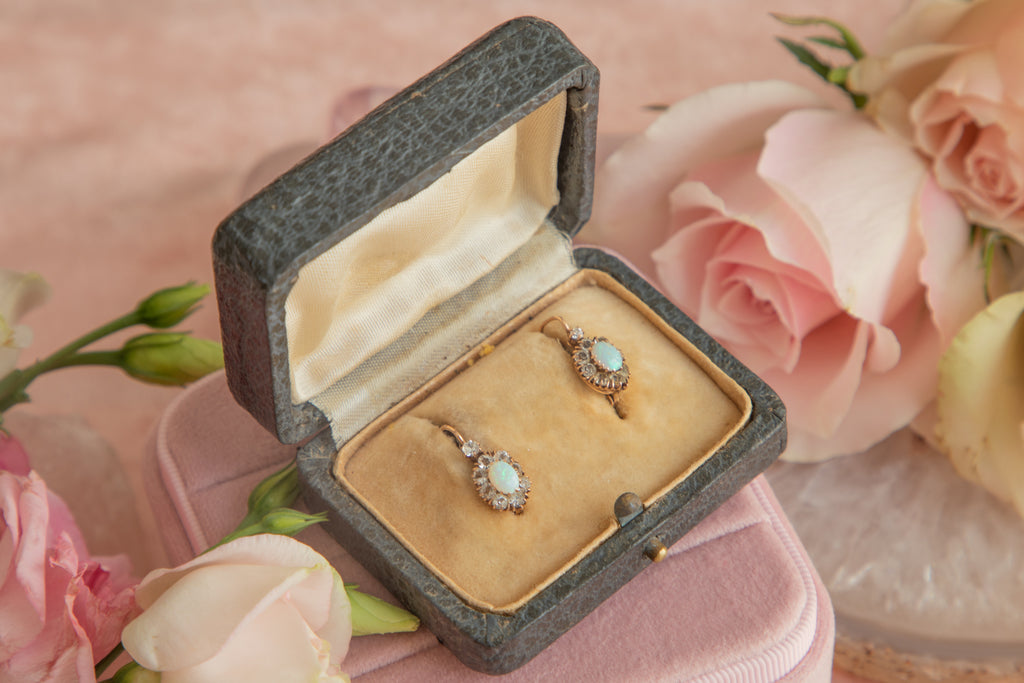 Austro-Hungarian Opal & Diamond Paste Lever Back Earrings, With Antique Box