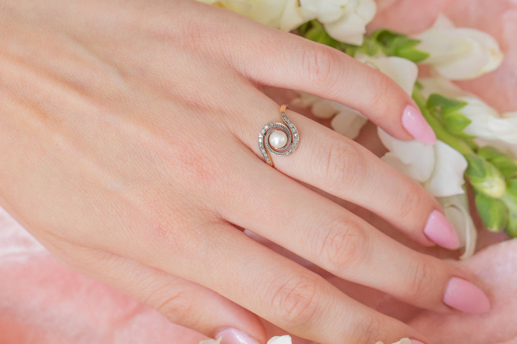 French 18ct Gold Tourbillon Pearl Rose-Cut Diamond Ring