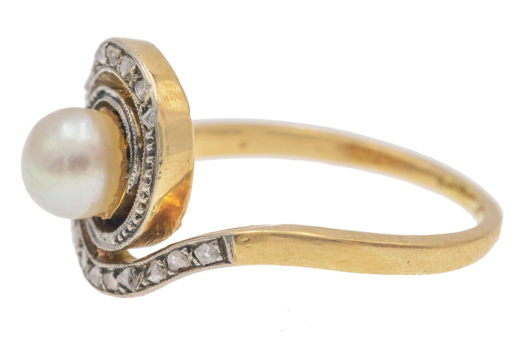 French 18ct Gold Tourbillon Pearl Rose-Cut Diamond Ring