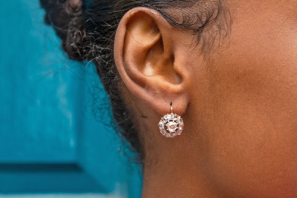 Antique 18ct Gold Rose Cut Diamond Dormeuse Earrings, 2.10ct Diamonds