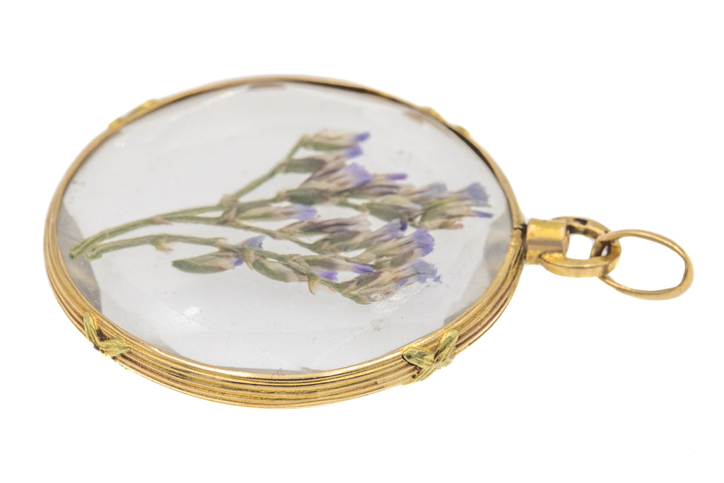 Antique 18ct Gold Round Faceted Glass Locket, Pressed Flower