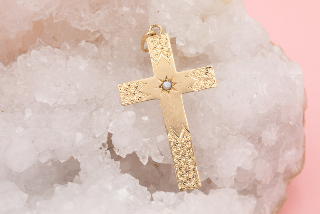 Antique 14ct Gold Engraved Cross, Pearl Star Motif