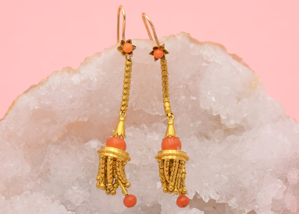 Antique 15ct Gold Coral Tassel Drop Earrings