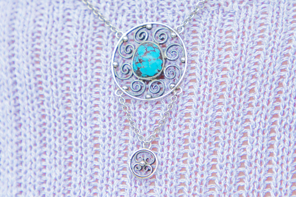14.5" Antique Silver Turquoise Pendant Necklace