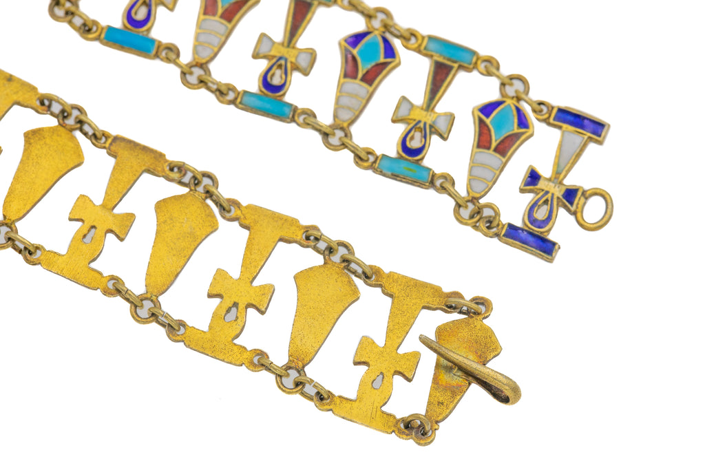 Art Deco Egyptian Ankh Enamel Bracelet, 7"