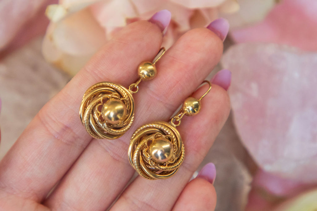 Antique 9ct Gold Round Drop Earrings