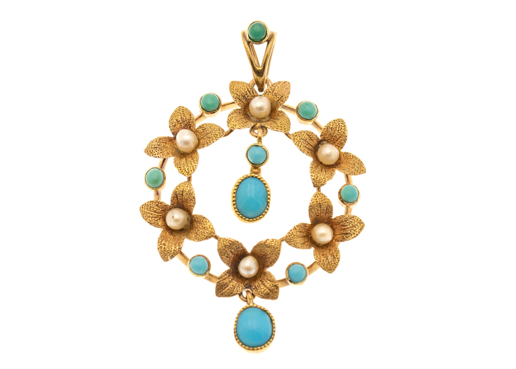 15ct Gold 'Forget-Me-Not' Turquoise & Pearl Pendant