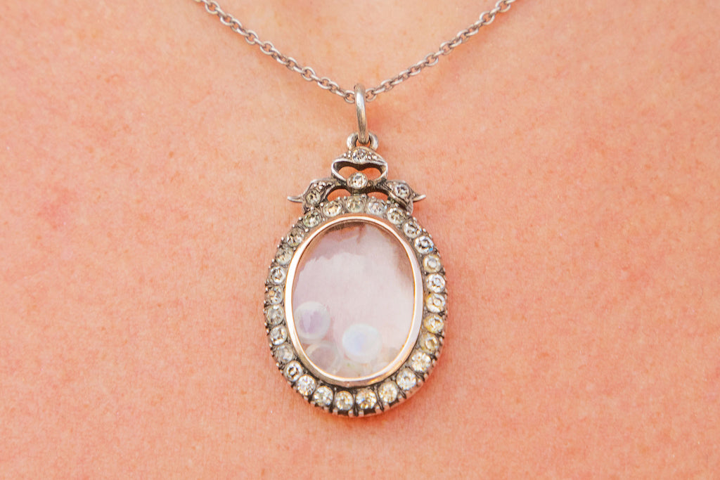 Antique Silver Paste Oval Shaker Locket, with Opals & Moonstones