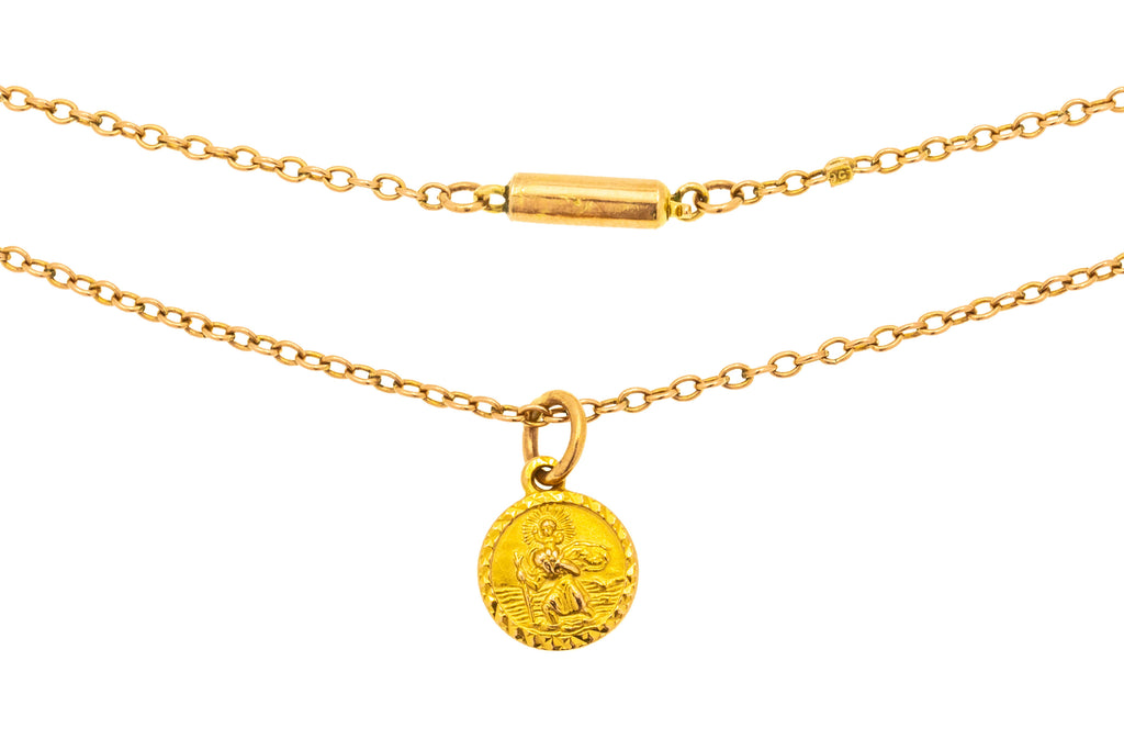 9ct Gold Dainty St.Christopher Charm, with 17.5" Antique Belcher Chain