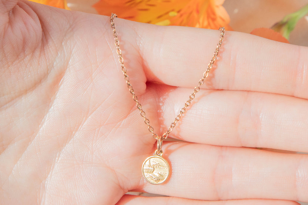 9ct Gold Dainty St.Christopher Charm, with 17.5" Antique Belcher Chain