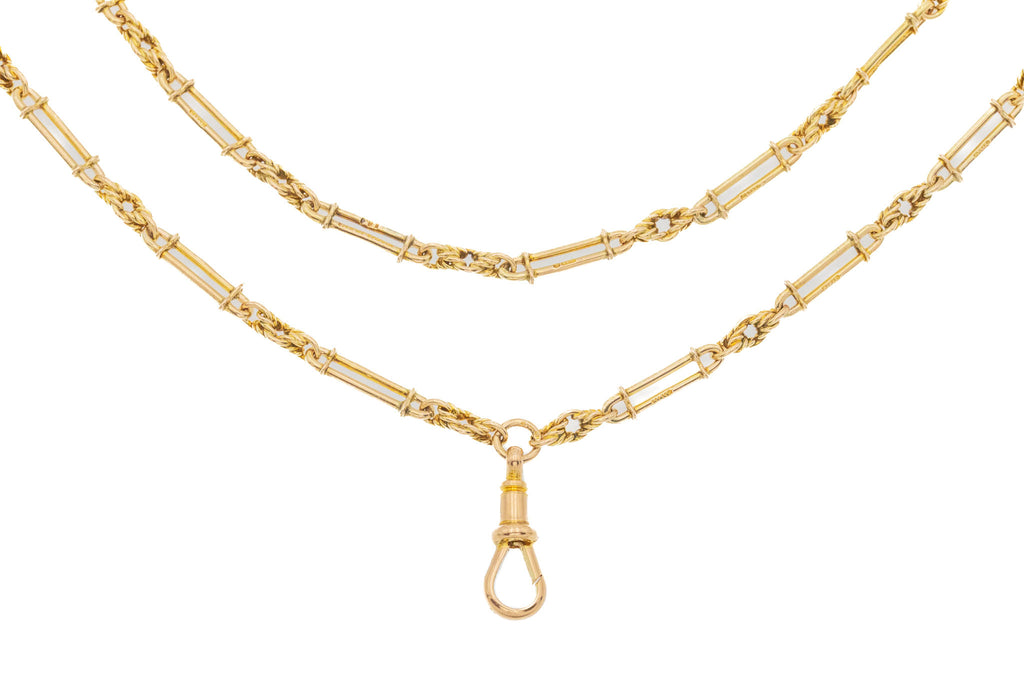 56" Antique 9ct Gold Paperclip Longuard Chain With Dog-Clip, 44g