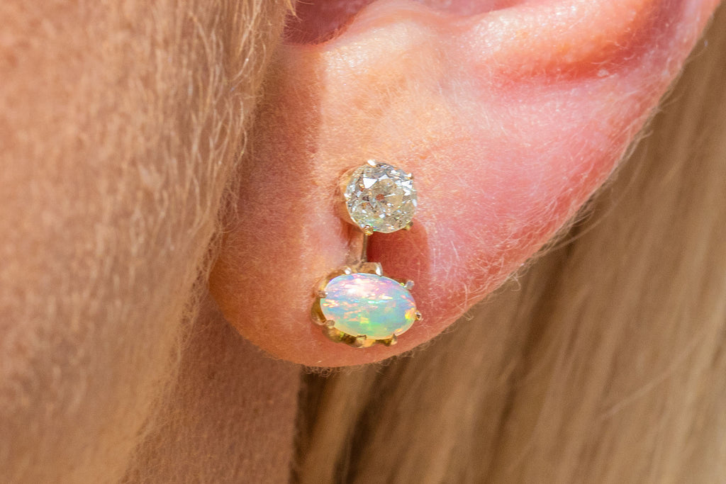 Antique 9ct Gold Opal Damond Stud Earrings, 0.56ct Diamond