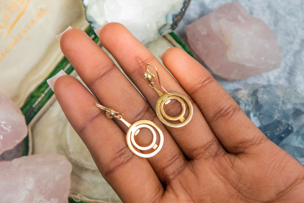14ct Gold Double Circle Drop Earrings