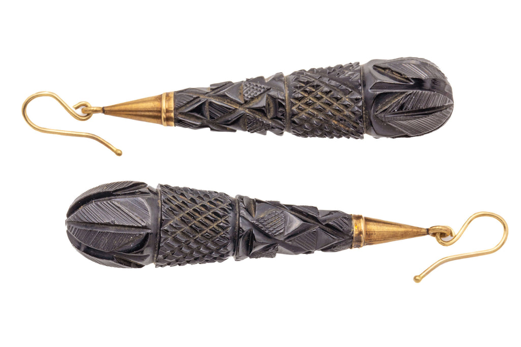 Antique 9ct Gold Carved Whitby Jet Torpedo Drop Earrings