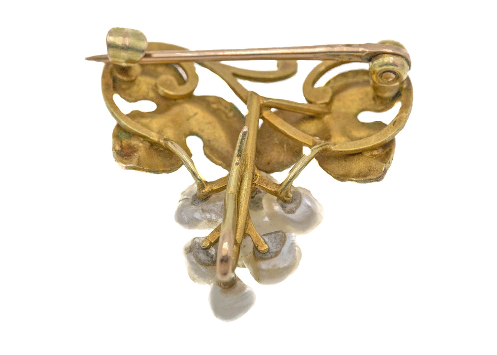 Art Nouveau 10ct Gold Enamel "Grapevine" Freshwater Pearl Brooch