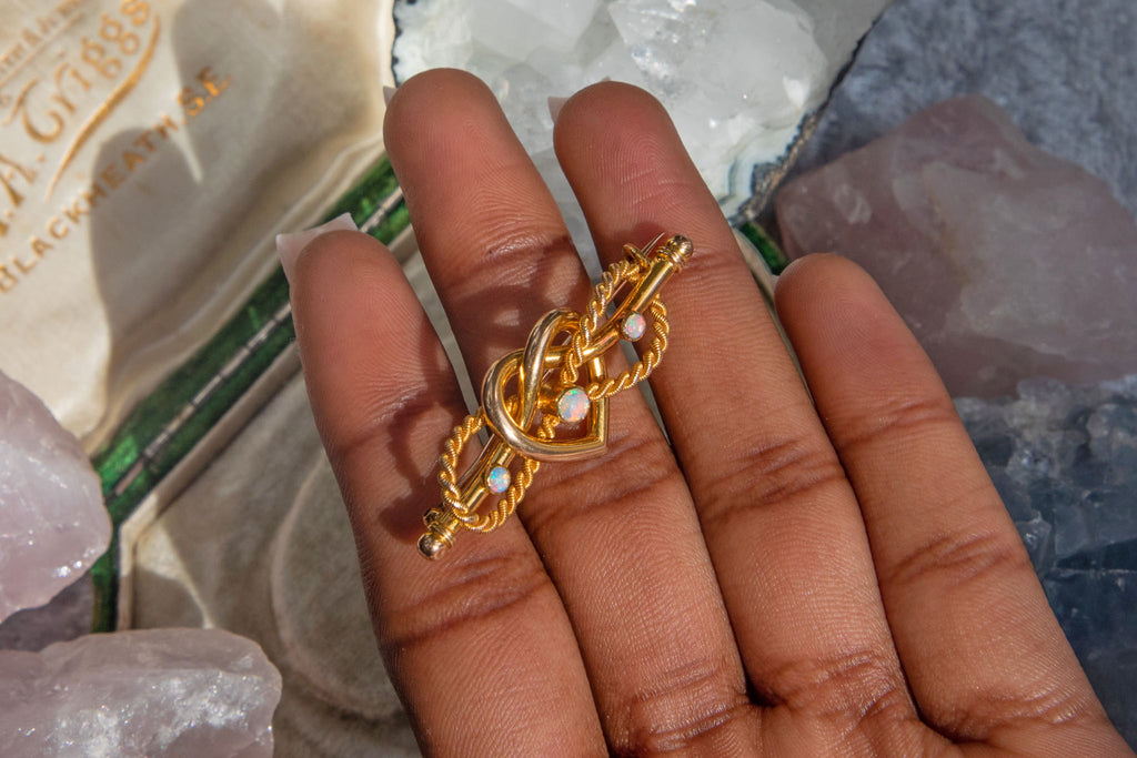 Antique 15ct Gold Opal Heart Knot Brooch