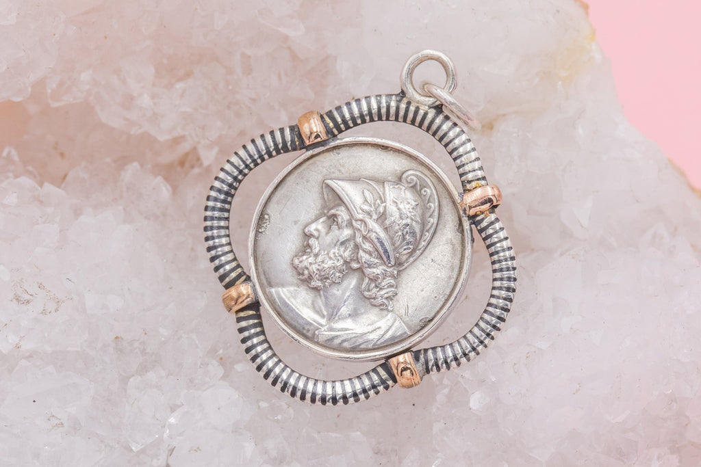 Antique Silver & 9ct Gold Niello "Roman Head" Pendant