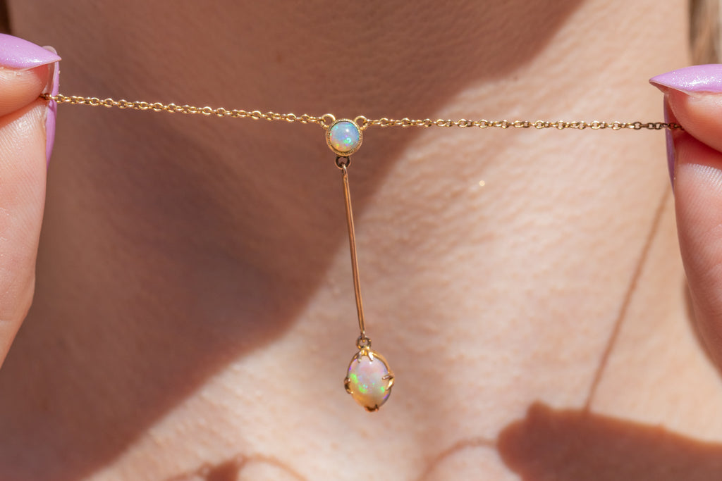16.5" Edwardian 9ct Gold Opal Drop Pendant Necklace, 0.80ct