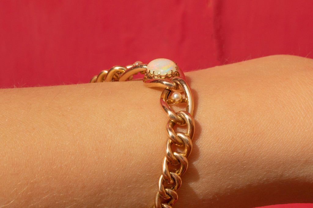 Antique 15ct Gold Opal & Pearl Curb Chain Bracelet, 0.95ct