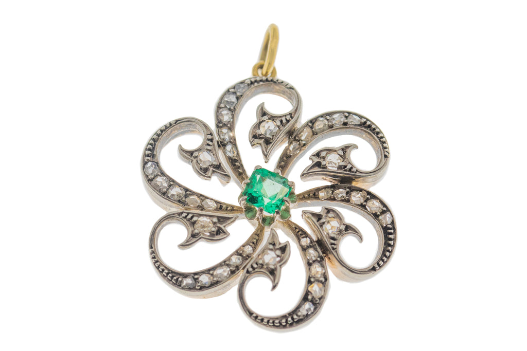 Antique 18ct Gold & Silver Emerald Diamond "Flower" Pendant