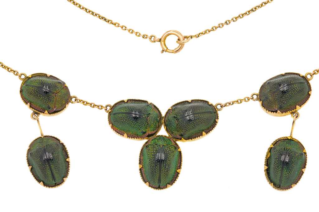 18" Antique 9ct Gold Scarab Beetle Fringe Necklace