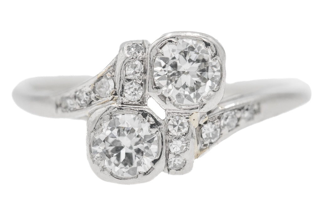 Art Deco Platinum Diamond Toi et Moi Ring - Platinum Art Deco Engagement Ring, 0.82ct