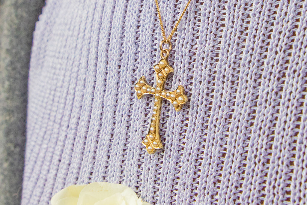 Antique 15ct Gold Pearl Cross Pendant