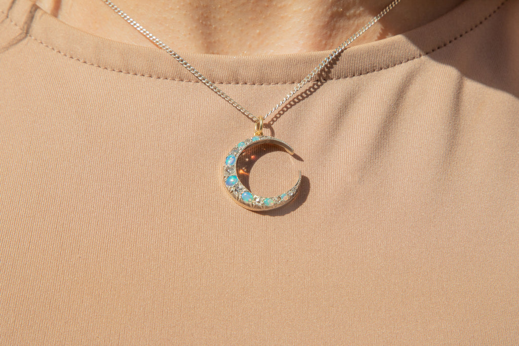 Antique 15ct Gold Opal & Diamond Crescent Moon Pendant