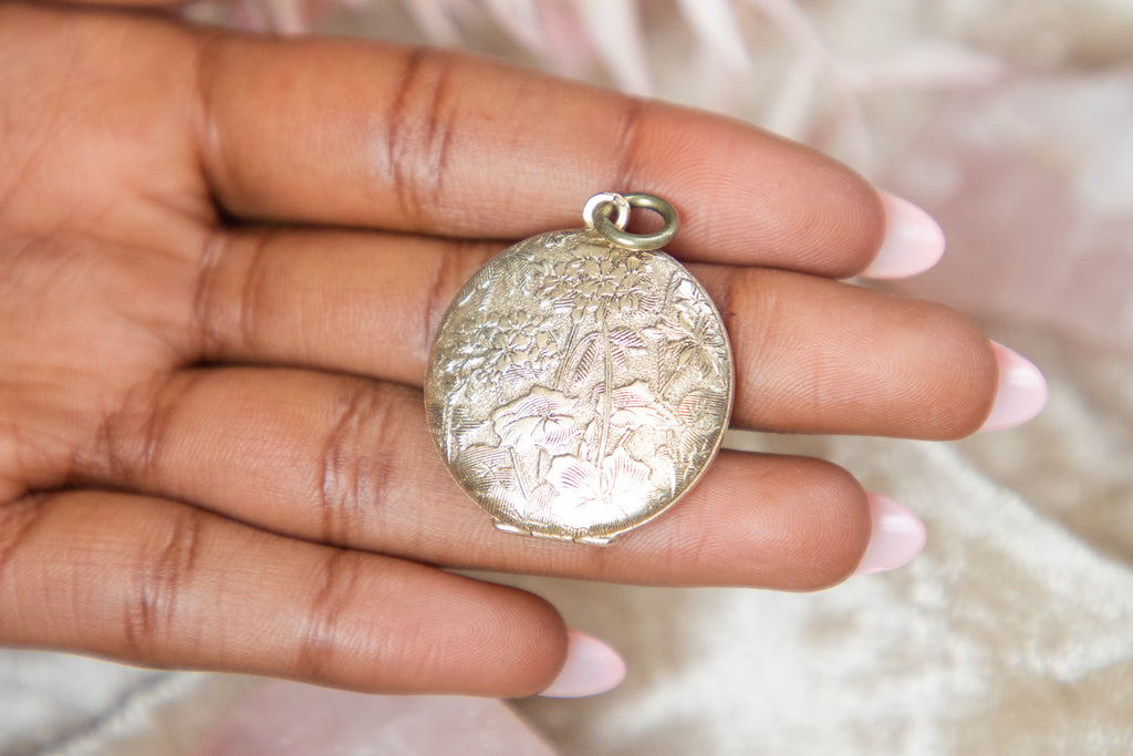 Antique Gilded Silver Floral Repousse Locket- Victorian Aesthetic