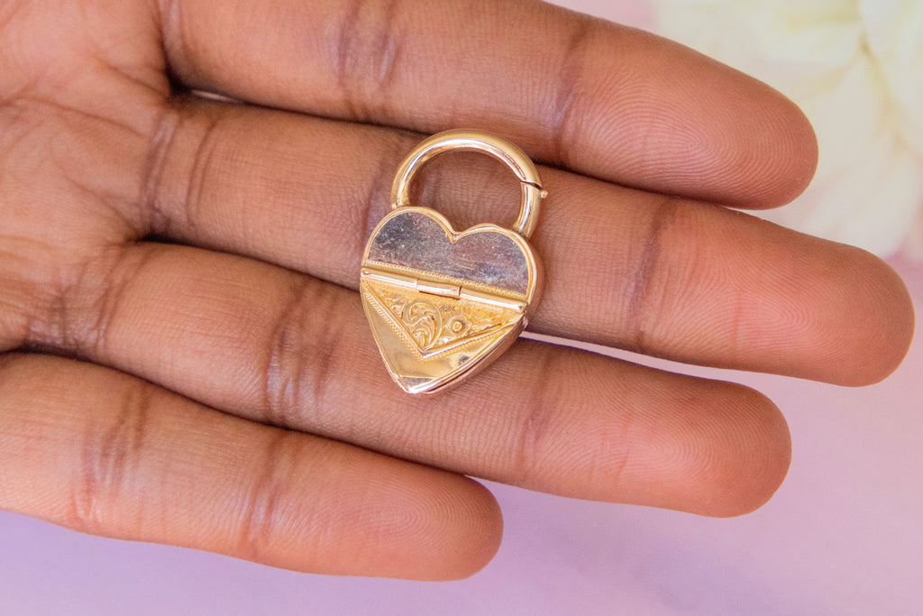 Antique 9ct Gold Engraved Heart Padlock Locket