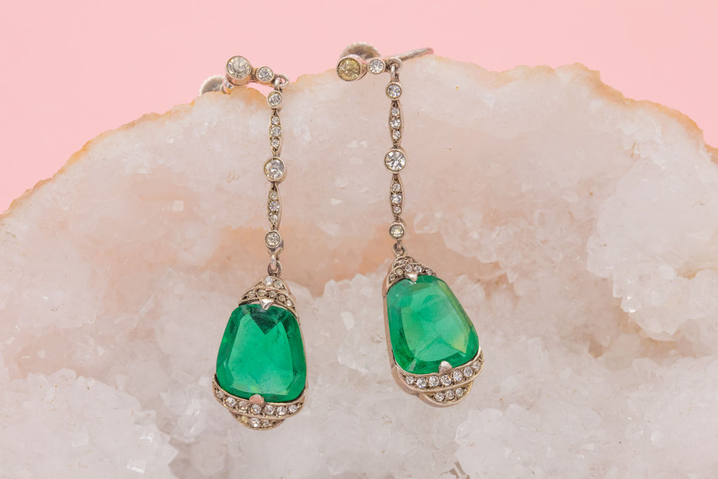Art Deco Silver Emerald Paste Drop Earrings - "Lazarus" Paste